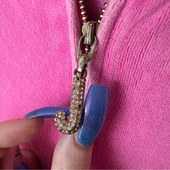 Y2K mcbling bubblegum pink juicy couture rhinestone J zipper velour hoodie - Picture 3 of 10